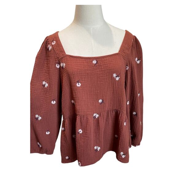 Madewell Amie Floral Embroidered Lightspun Millbrook Puff-Sleeve Peplum Top LG - Picture 8 of 11